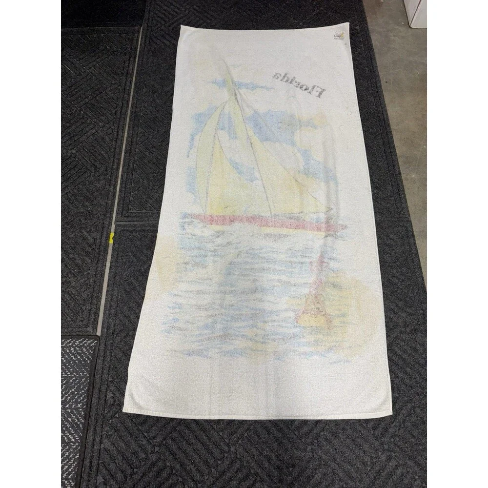 Vintage Sherry MFG Co. FLORIDA Beach Towel Sail Boat Water Bright Color STAINS